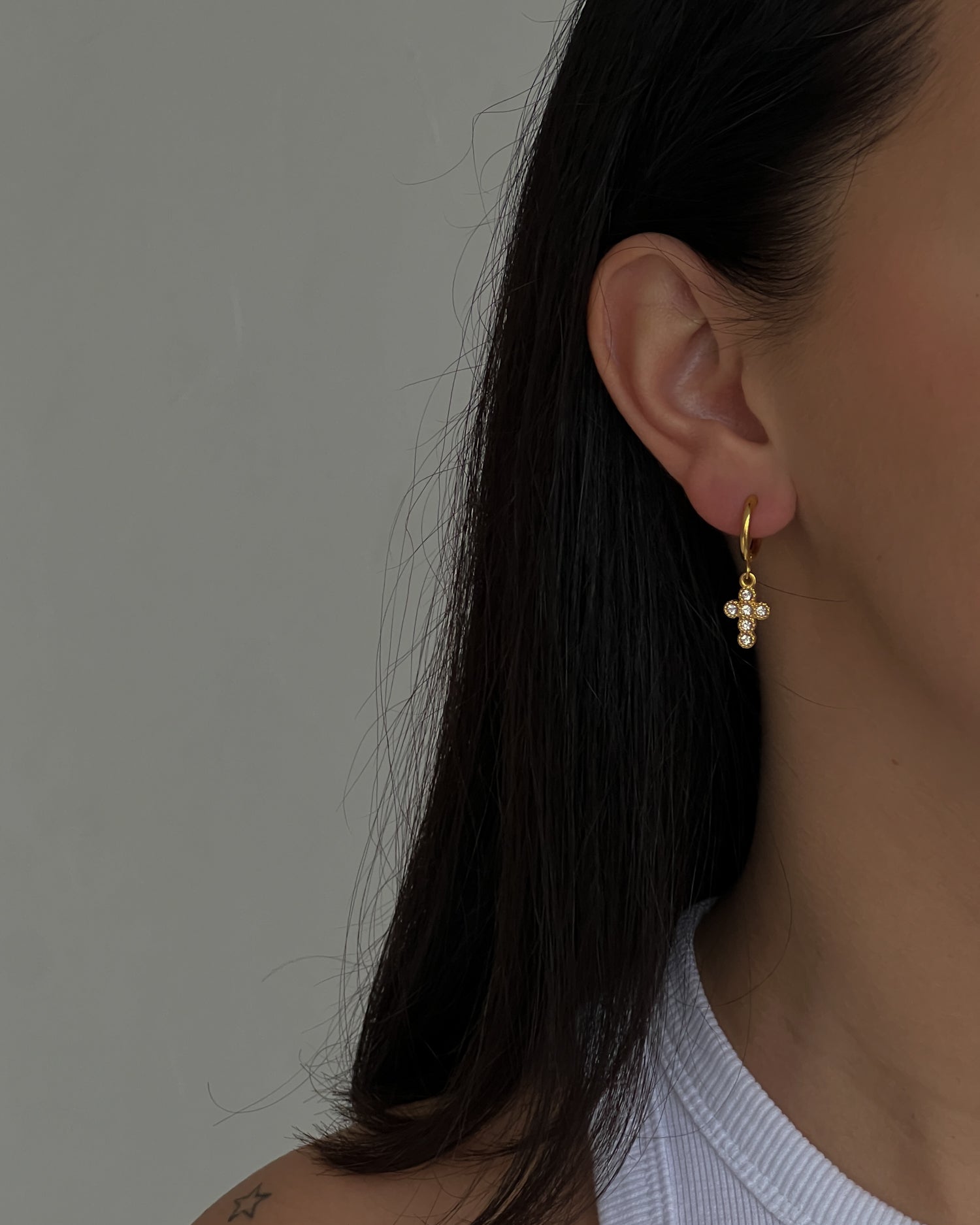 Gold colour hoops with zircon cross pendants