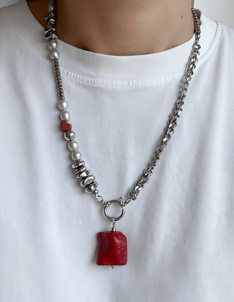 Asimetriškas nerūdijančio plieno vėrinys su perlais ir natūraliu koralu - MUNÉ