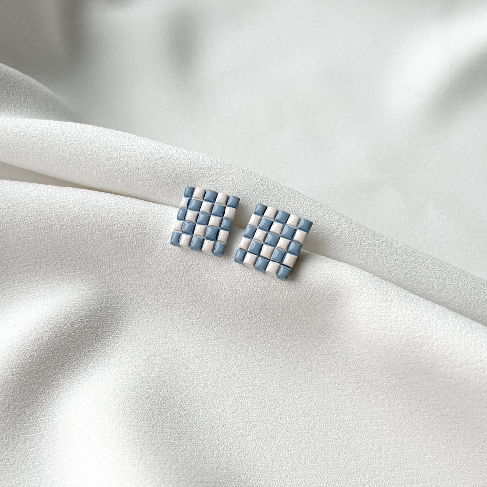 Earrings - Bigger Chessboard_White/Blue