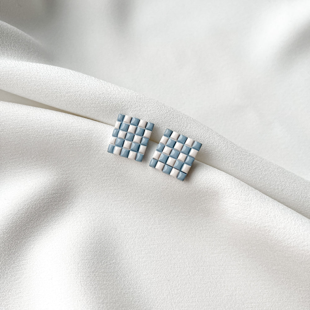 Earrings - Bigger Chessboard_White/Blue