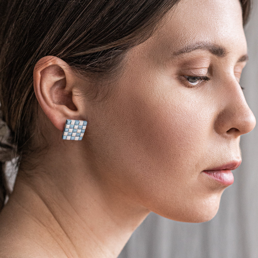 Auskarai - Bigger Chessboard_White/Blue