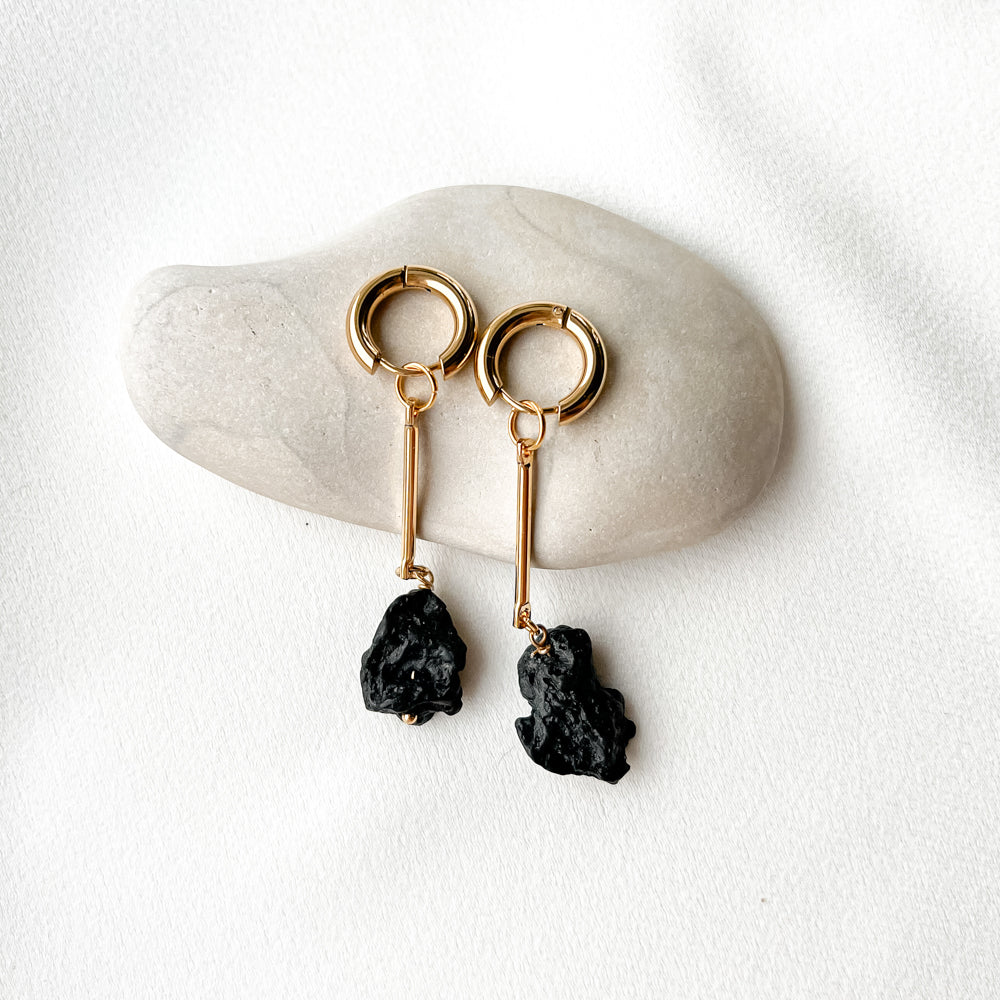 Gold plated hoop earrings with lava stone