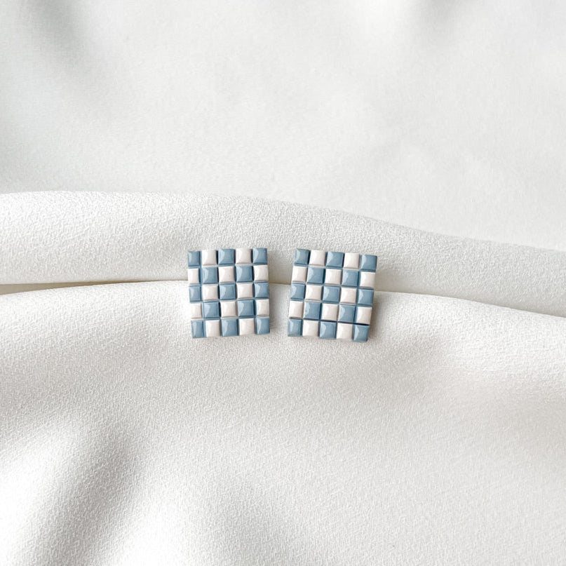 Auskarai - Bigger Chessboard_White/Blue